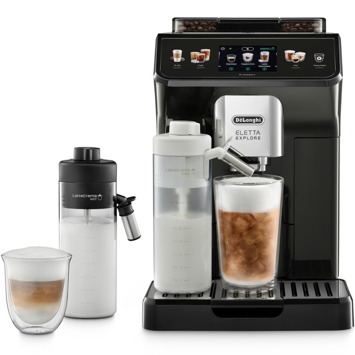Espressor automat De’Longhi Eletta Explore ECAM 450.65.G, 50+ tipuri de bauturi, 19 bari, 2 Carafe cu tehnologie LatteCrema (Hot & Cool), Tehnologie de extractie la rece, Rasnita cu tehnologie Bean Adapt, Coffee Link App, 1450W, Gri inchis