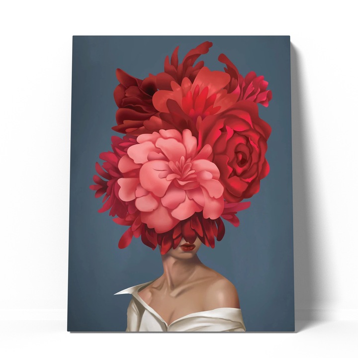 Tablou canvas decorativ fata cu flori rosii 60x90 cm