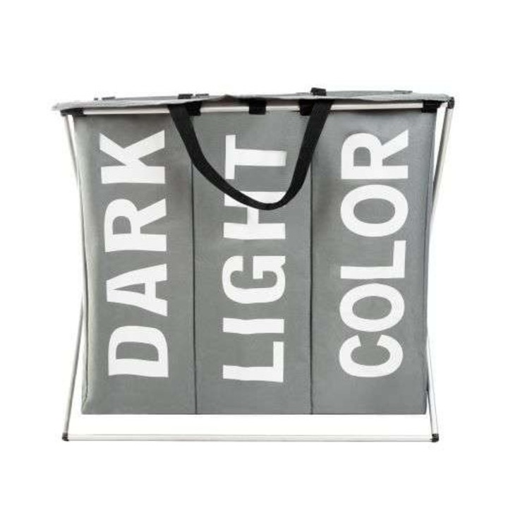 Szennyestartó kosár 3 rekesszel, összecsukható kereten, 55x60x40 cm, szürke-fehér