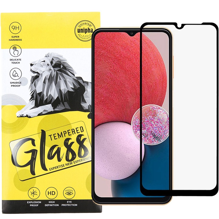 Samsung Galaxy A12 / A12 Nacho / A32 5G / Motorola Moto E22i kompatibilis üvegfólia, előlapi, 9D, edzett, hajlított, fekete kerettel