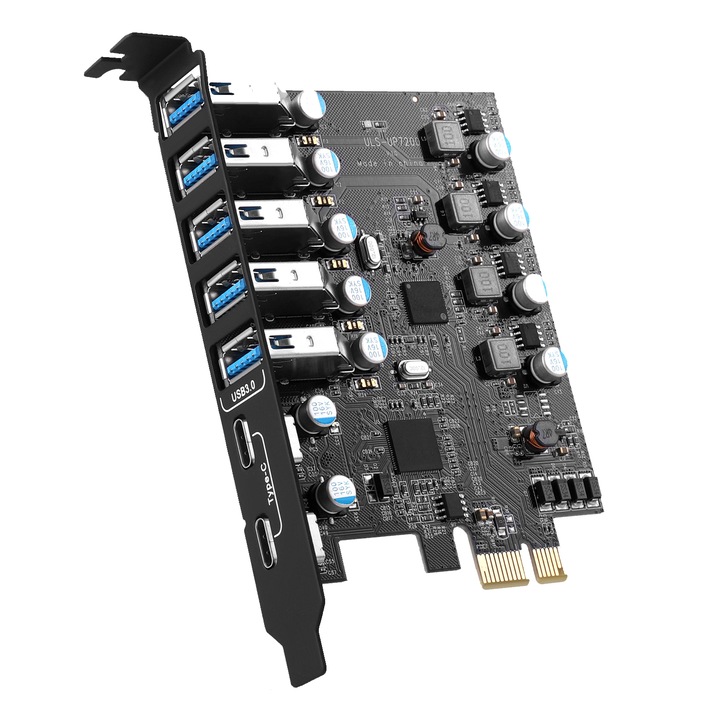 Разширителна платка, PCI-E към USB Super Speed, 7 порта, За Windows 10/8/7 и MAC OS