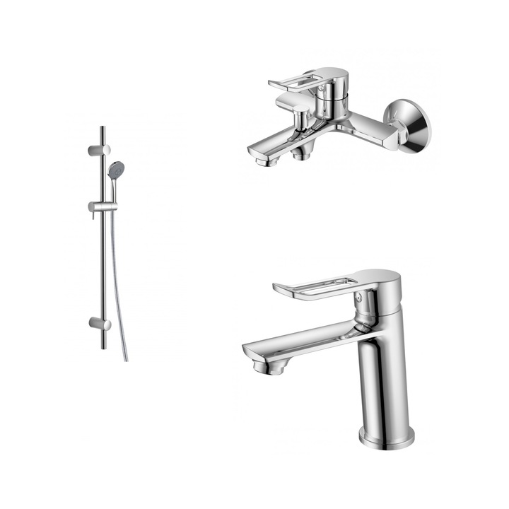 Комплект смесители за баня с душ окачване Inter Ceramic ICT 5007-3, Смесител за умивалник, Смесител за вана/душ, Тръбно окачване с ръчен душ и шлаух, 3 броя