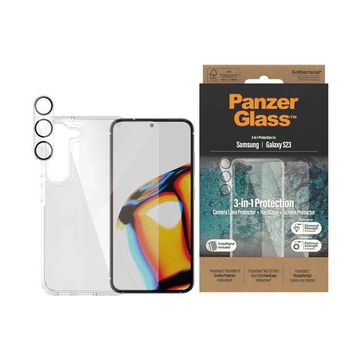 Стъклен протектор PanzerGlass за Samsung S23, Bundle (UWF screen protector, HardCase, протектор за камера), Черен