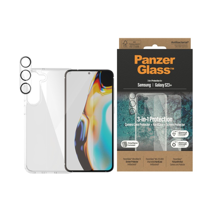 Стъклен протектор PanzerGlass за Samsung S23 Plus, Bundle (UWF screen protector, HardCase, протектор за камера), Черен