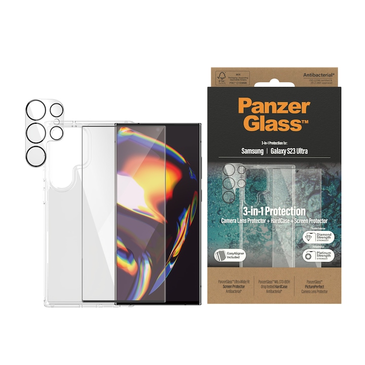 Стъклен протектор PanzerGlass за Samsung S23 Ultra, Bundle (UWF screen protector, HardCase, протектор за камера), Черен