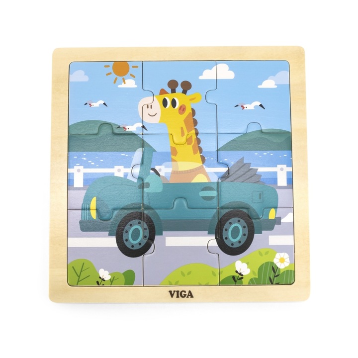 Puzzle 9 piese girafa in masina, Viga Toys, Lemn, Multicolor