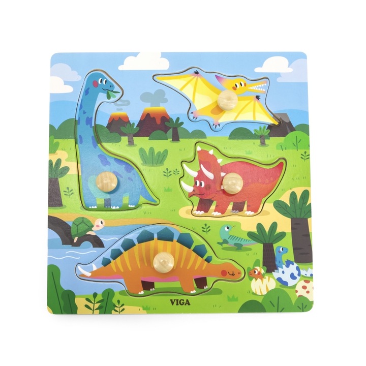 Puzzle 4 piese dinozauri, Viga Toys, Lemn, Multicolor