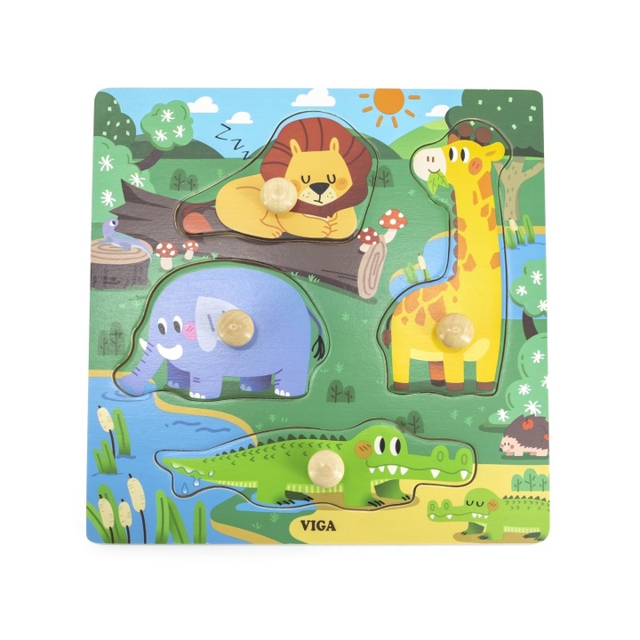 Puzzle 4 piese animale salbatice, Viga Toys, Lemn, Multicolor