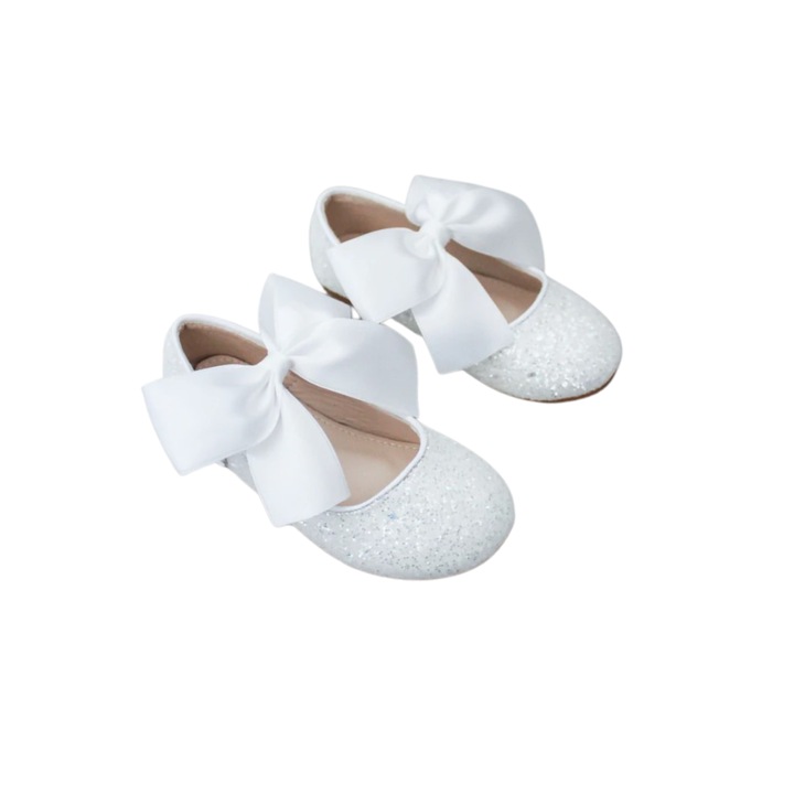 Balerini White Mary Jane cu sclipici cu fundita alba din satin 419, Alb