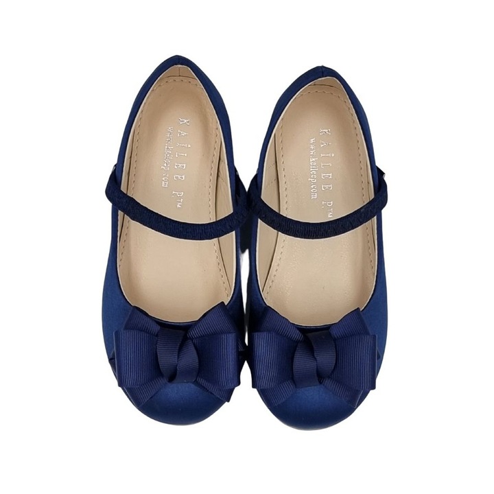 Balerini Navy Blue Mary Jane din satin cu funda 388, Bleumarin, 26 EU
