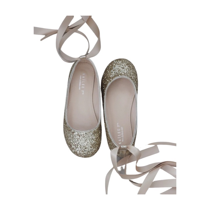 Balerini Golden Mary Jane cu sclipici auriu si panglica satin tip balerina Auriu 28 EU