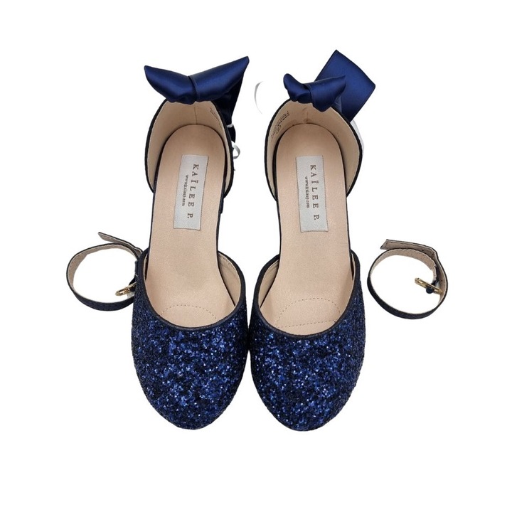 Pantofi cu toc Navy Blue cu sclipici si panglica tip balerina 446, Bleumarin