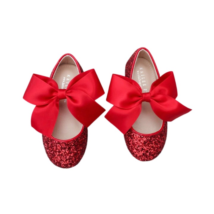 Balerini Red Mary Jane cu sclipici si funda satin 401, Rosu