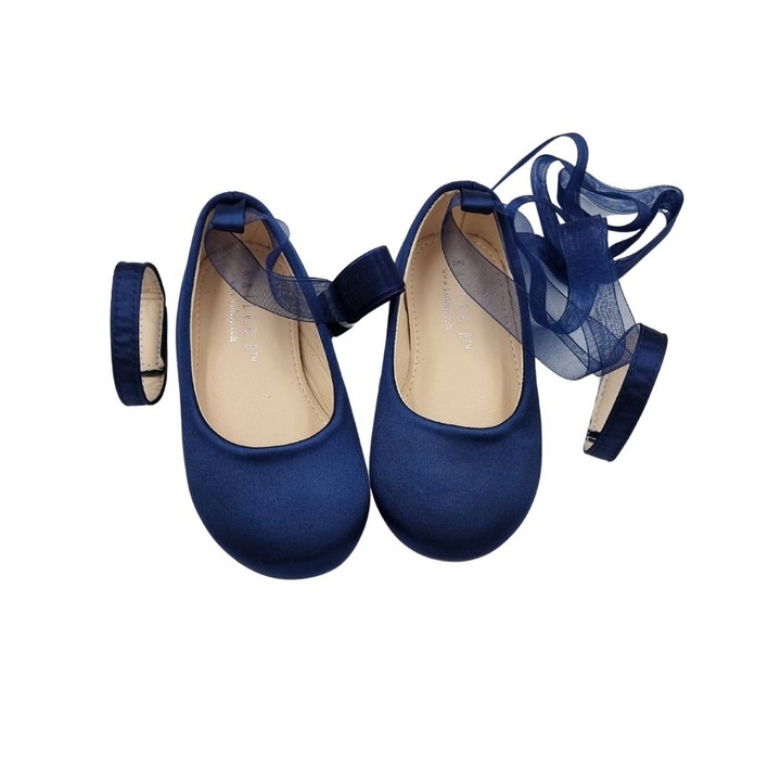 Balerini Navy Blue Mary Jane din satin cu funda tip balerina 389, Bleumarin, 23 EU