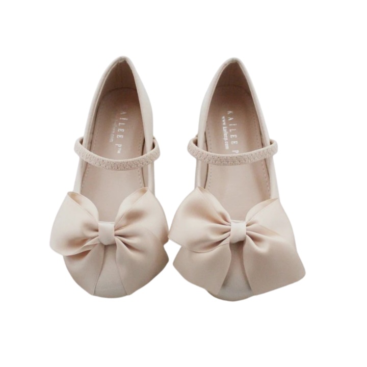 Balerini Champagne Mary Jane din satin cu funda 345, Crem perlat