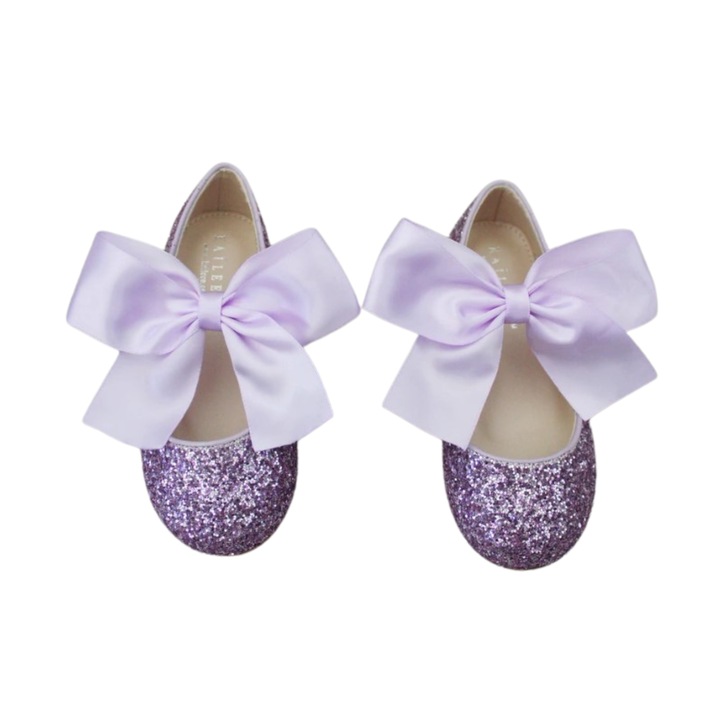 Balerini Purple Mary Jane cu sclipici mov si fundita din satin 397, Mov