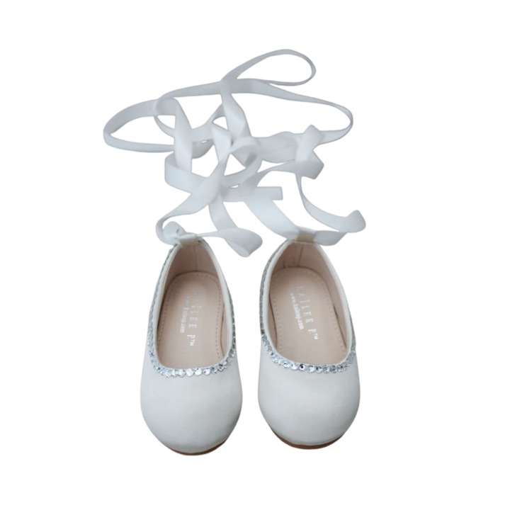 Balerini Ivoire Mary Jane din satin cu strasuri si panglica tip balerina 369, Ivoire