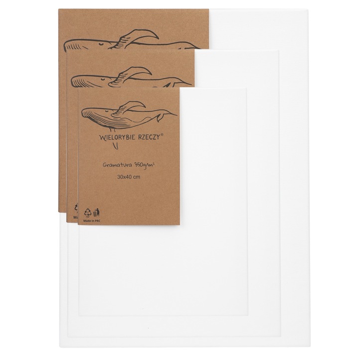 Set 3 Panze Pentru Pictura, Dimensiuni 30x40, 40x50, 50x60 cm, 350g/m2 Gramaj, Panou De Pictura, panza pe rama lemn, 100% Bumbac, Wielorybie Rzeczy, Alb