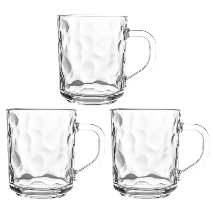Set 3 cani sticla Natalia Design, 246 ml, ceai sau cafea, 9x7.2 cm, decor Bubbles, transparent