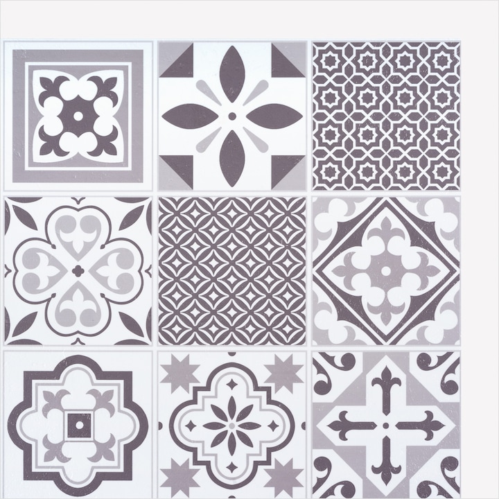 Комплект декоративни плочки за стена DC-FIX, 6 броя, Самозалепващи, Марокански стил, 30.5x30.5 см, 0.55 кв.м, Бял/Сив