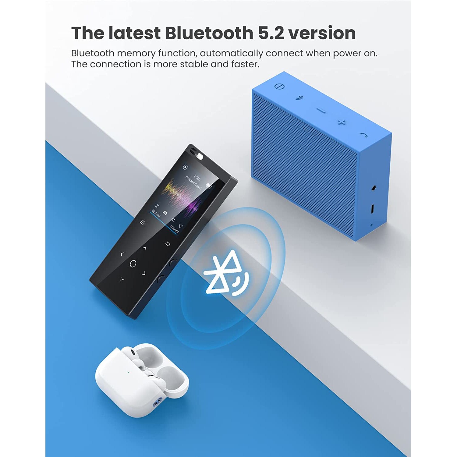 MP3 плейър, 64GB, С Bluetooth 5.2, FM радио, HiFi звук, Вграден HD ...