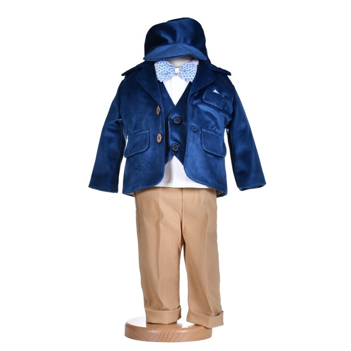 Costumas botez baietel, catifea, albastru inchis, 5 piese, 6 - 9 luni, Denikos® H016
