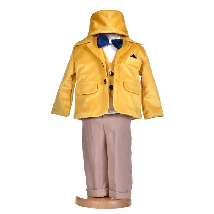 Costumas botez baiat, catifea, galben dichisit, 5 piese, 3 - 6 luni, Denikos® H018