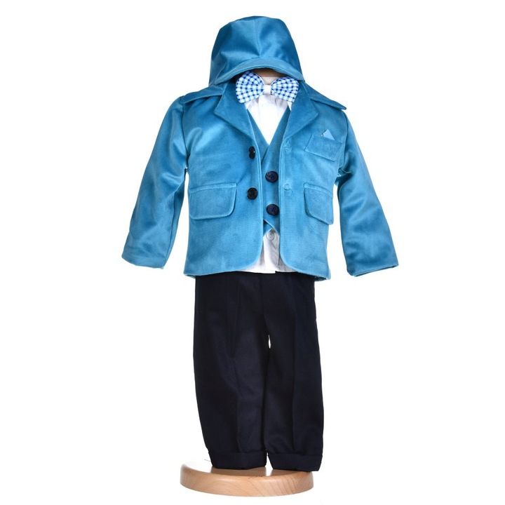 Costumas botez baietel, catifea turcoaz, 5 piese, 3 - 6 luni, Denikos® H015
