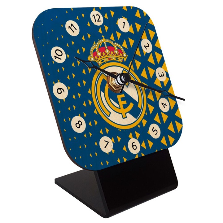 Ceas de masa cu quartz, Model cu Real Madrid, Lemn natural/Plastic, 10 cm, Multicolor