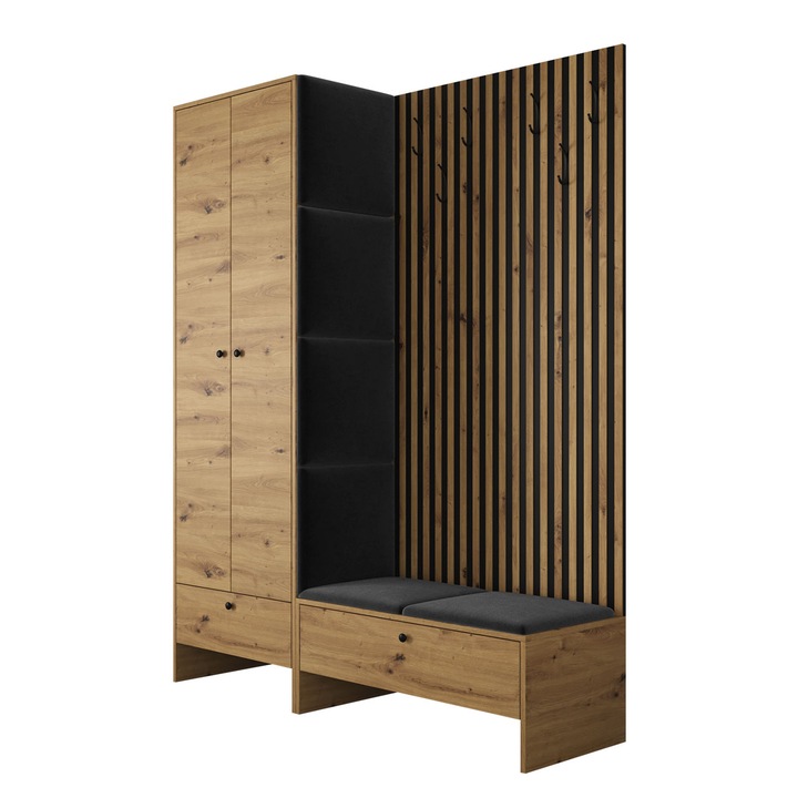 Mobilier pentru hol Esmoltis III cu caneluri, MIRJAN24, stejar artisan / negru, 145x44x206 cm