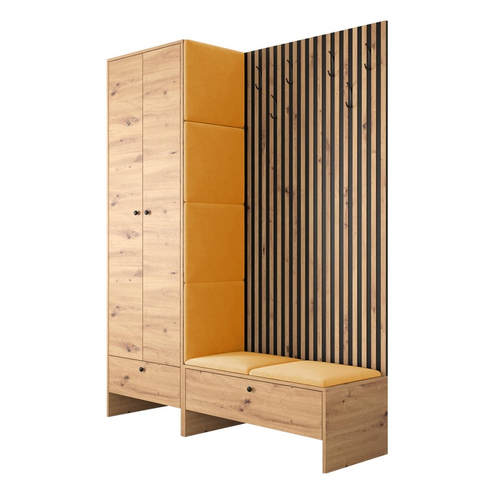 Mobilier pentru hol Esmoltis III cu caneluri, MIRJAN24, stejar artisan / negru / galben, 145x44x206 cm