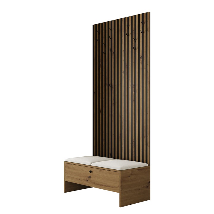 Mobilier pentru hol Esmoltis IV cu caneluri, MIRJAN24, stejar artisan / negru / bej, 85x44x206 cm