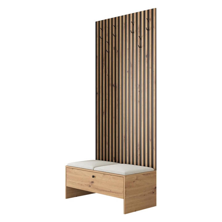 Mobilier pentru hol Esmoltis IV cu caneluri, MIRJAN24, stejar artisan / negru / bej, 85x44x206 cm