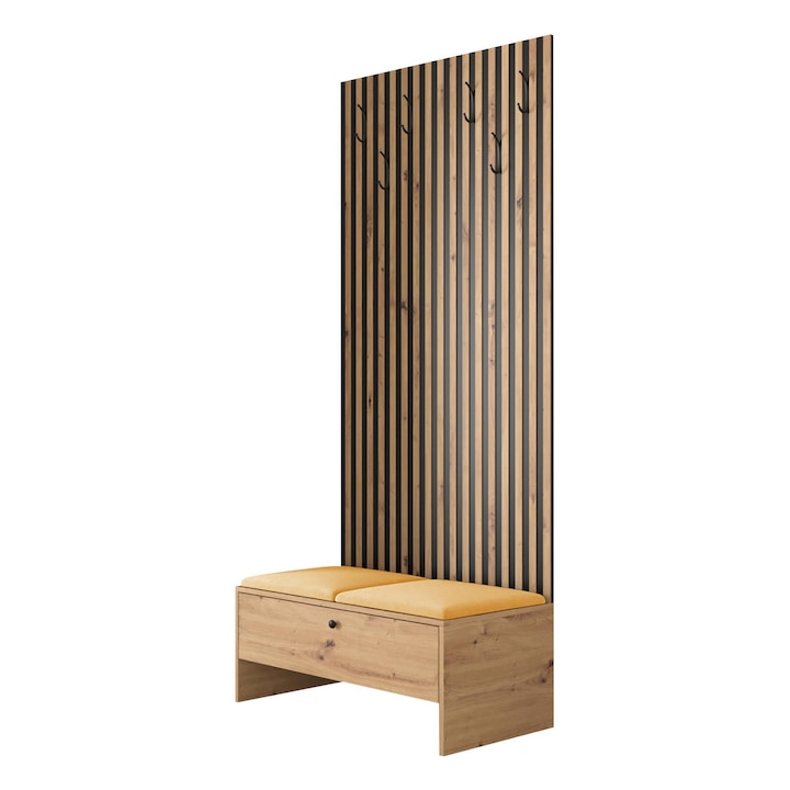 Mobilier pentru hol Esmoltis IV cu caneluri, MIRJAN24, stejar artisan / negru / galben, 85x44x206 cm