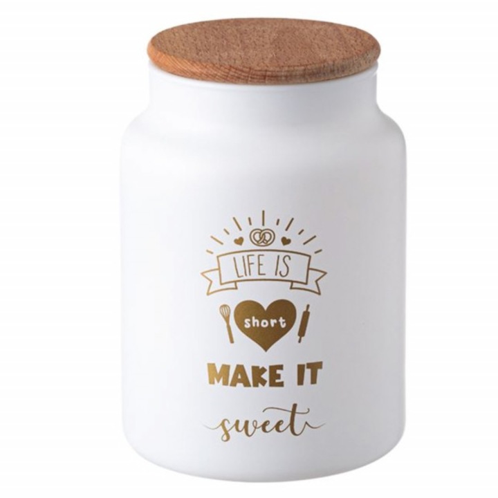 Recipient din sticla Pufo Make it Sweet pentru zahar, cafea, ceai sau condimente, cu capac ermetic din bambus, 890 ml, alb