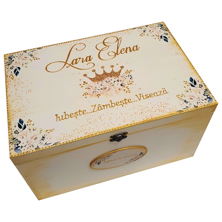 Cufar din lemn personalizat, potrivit pentru trusoul de botez, pastrarea amintirilor, 40x30x20 cm, tema coronita, auriu, Mixartstudiobym