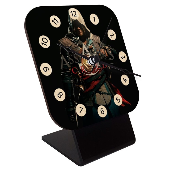 Ceas de masa cu quartz, Model cu Assassin's Creed, Lemn natural/Plastic, 10 cm, Multicolor