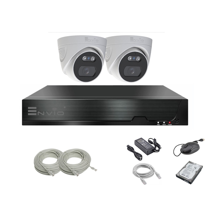 Kit supraveghere video complet ENVIO IP POE cu 2 camere Full Color 5MP PESS-KIT2CHDFM70500S-WM