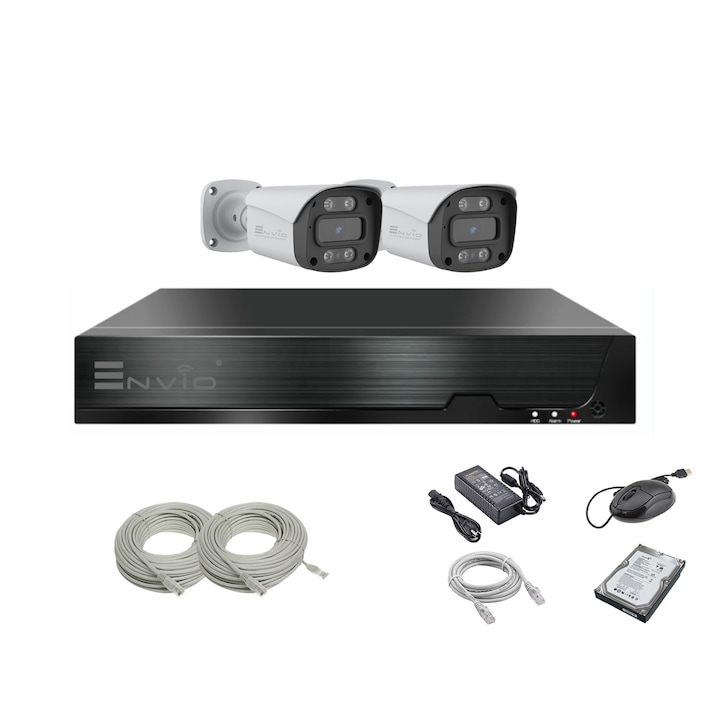 Kit supraveghere video complet ENVIO IP POE cu 2 camere Full Color 5MP PESS-KIT2CHDFM70500S-WMHDD