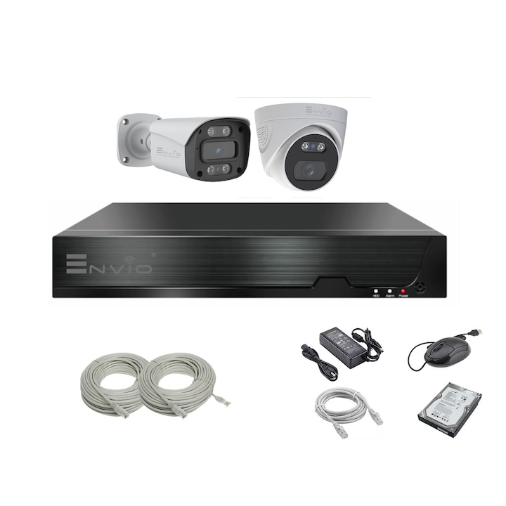 Kit supraveghere video complet ENVIO IP POE cu 2 camere Full Color 5MP PESS-KIT2CHBFM60H500S-WMHDD