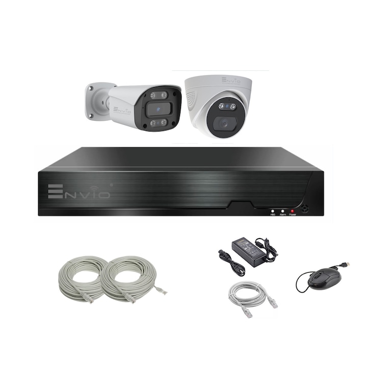 Kit Supraveghere 2 Camere 8MP (4K) Color Noaptea 50m Microfon, exterior, inregistrare 5MP-N, extensibil la 4, Complet, acces mobil, noapte/zi, OOGIS™ K5MN2ERC