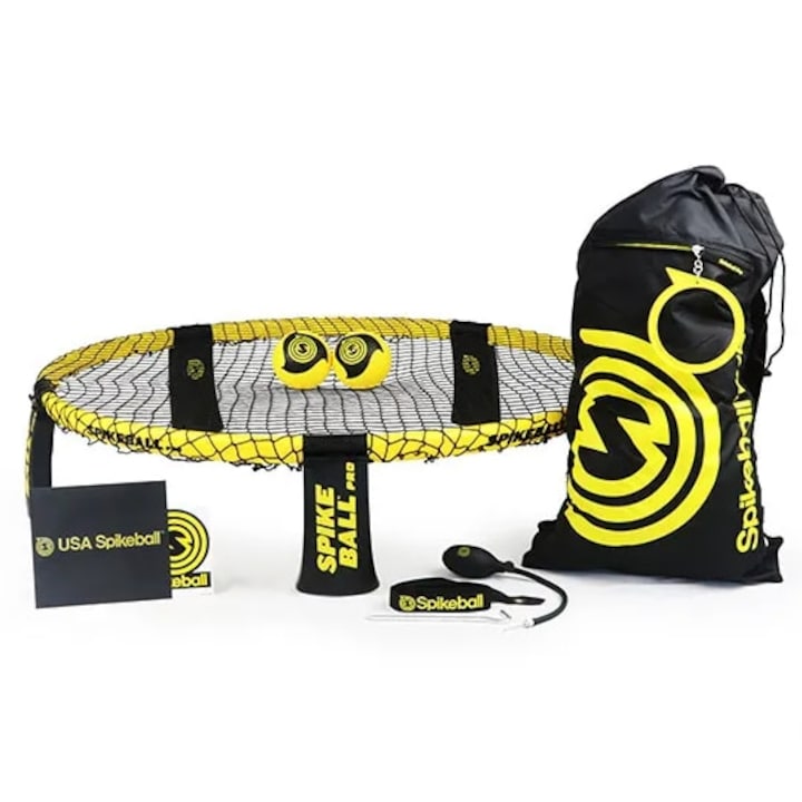 Set Spikeball PRO, fileu joc roundnet / Spikeball, kit complet pentru roundnet, doua echipe, pentru plaja, parcuri, sala, interior, galben/negru