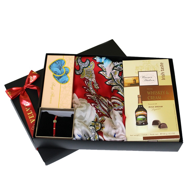 Подаръчен пакет за жени Irish Dream, с шал, гривна от марцисор, комплект от 10 сапунени розички и кутия шоколадови бонбони с пълнеж от Irish Whisky Cream 150гр, опаковани в подаръчна кутия, 35x25x6, см, Velve, Червен
