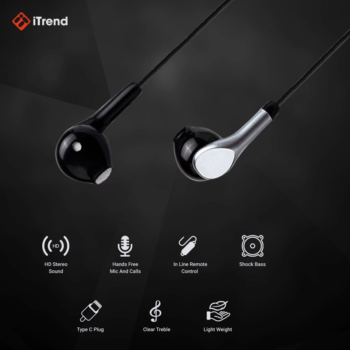 Casti iTrend, Stereo cu conector USB-C, 1.2m, comenzi, functie apel si microfon pe fir, format Semi In-Ear, universale, H259, Negru
