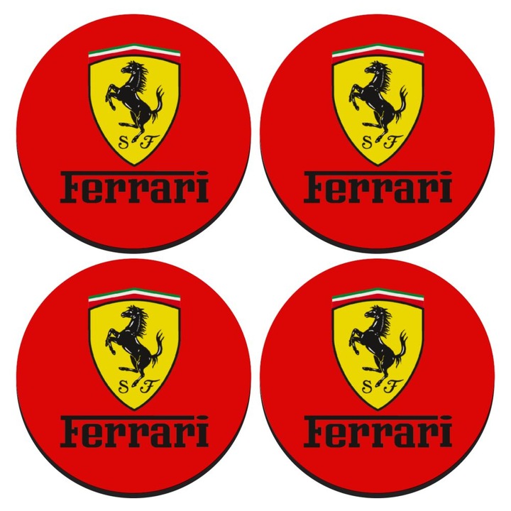 Set 4 suporturi pahare, Model Ferrari, MDF, 9 cm, Rosu/Galben