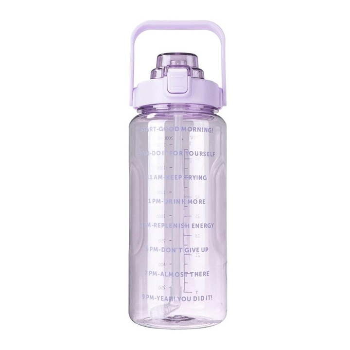 Бутилка за вода, за многократна употреба, преносима, с вградена сламка и автоматично отваряне, 2L, лилава