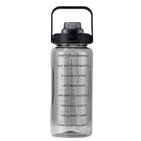 Sticla de apa motivationala, reutilizabila, portabila, cu pai incorporat si deschidere automata, 2L, Neagra