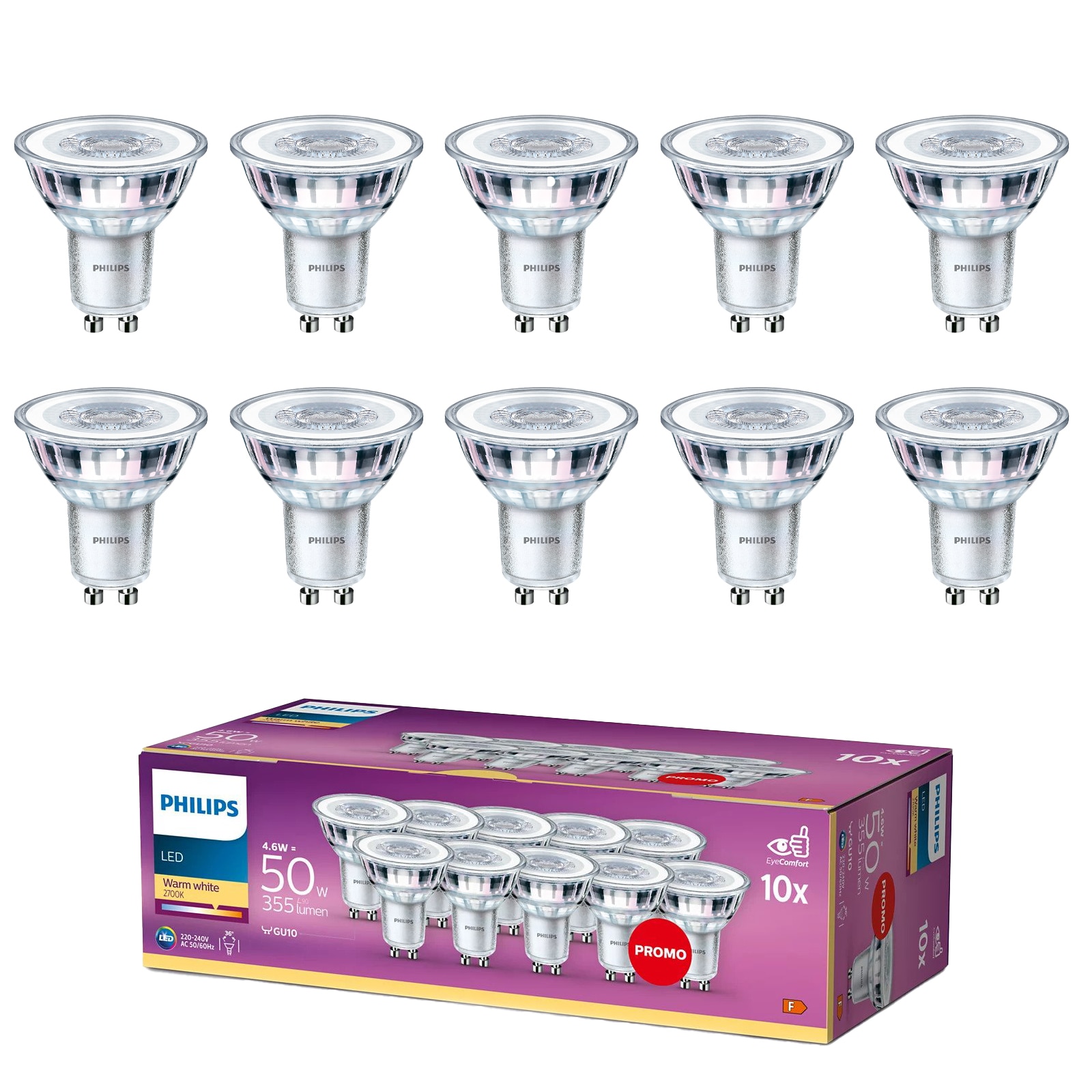 Pachet 10 Spoturi LED Philips, GU10, 4,6W (50W), 355 Lm, Clasa ...