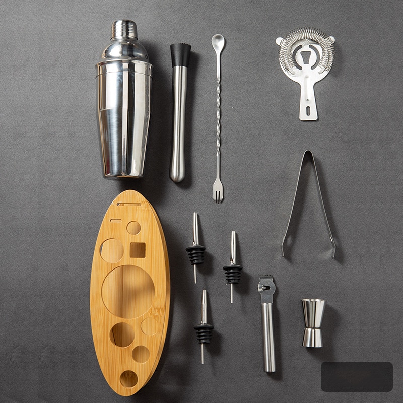 Set Cocktail Shaker Pentru Barmani Gogou Inox Suport Din Bambus