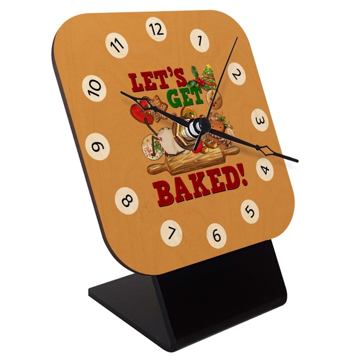 Ceas de masa cu quartz, Model cu Let's get baked tematica de Craciun, Lemn natural/Plastic, 10 cm, Multicolor